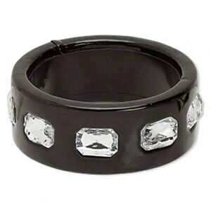 Slick Black PU Vinyl and Rhinestones Chunky Mod Retro Wide Bangle Bracelet